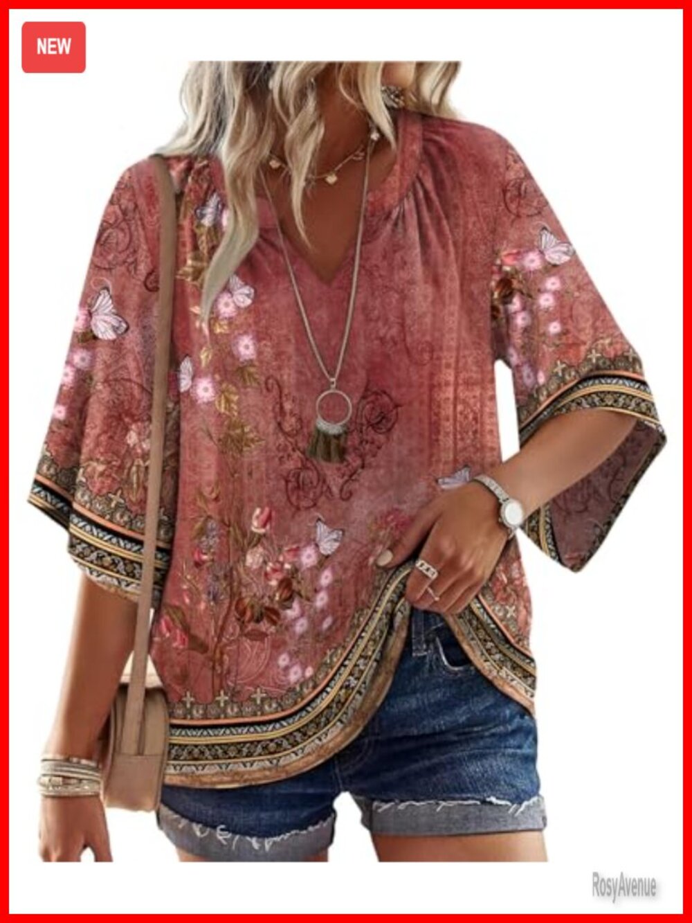 Boho Tunic Top Women 3/4 Sleeve V-Neck Flowy Blouse Plus Size Casual
